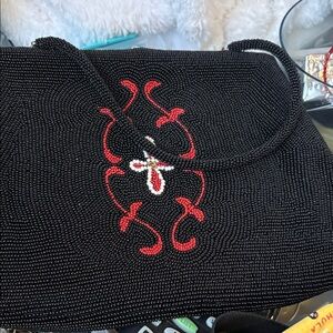 Vintage Black Beaded Bag With Design